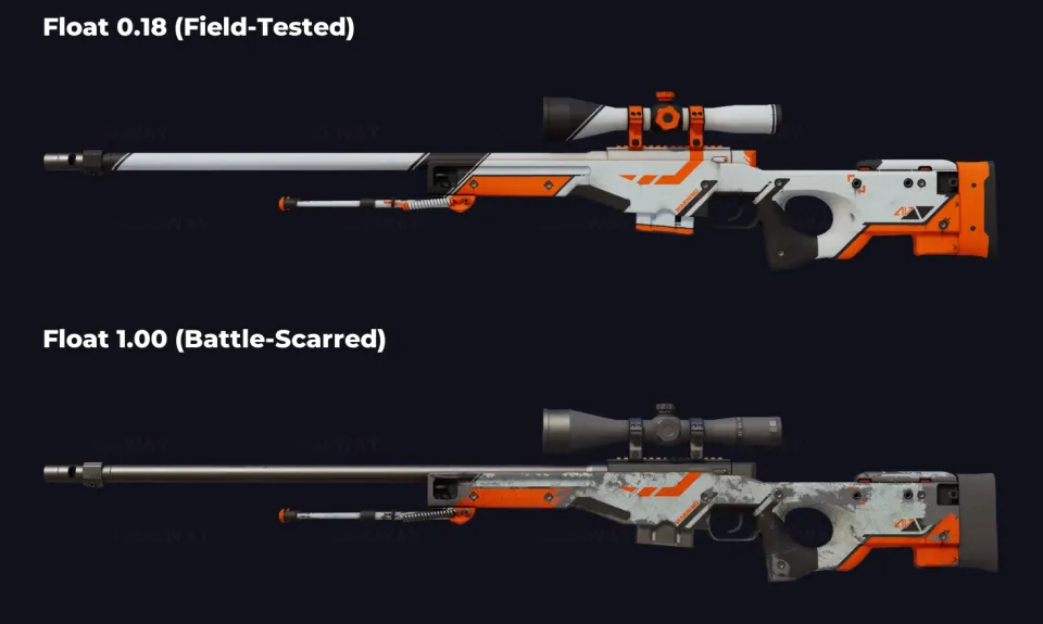 Float değeri 0,18 ve 1,00 olan AWP | Asiimov: ikinci görüntüde dürbündeki, namludaki ve beyaz kısımlardaki boya aşınmış