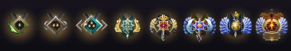 As oito medalhas de ranque de Dota 2 em ordem: Arauto, Guardião, Cruzado, Arconte, Lenda, Ancestral, Divino e Imortal