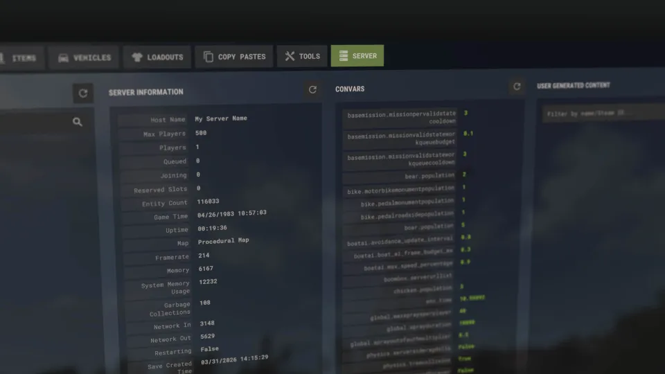 Scheda server nella console F1: giocatori, teletrasporto e mute