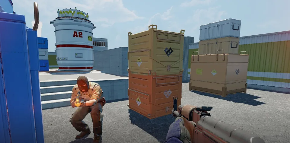 A Terrorist bot sits by crates in a room built from Nuke elements. You won’t know its position in advance.