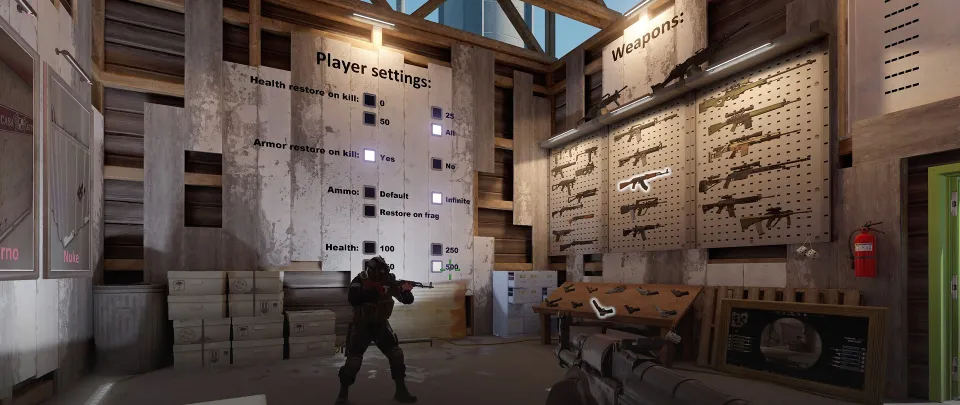 The map’s settings room: health and armor restored on kills, ammo, health pool and weapon rack