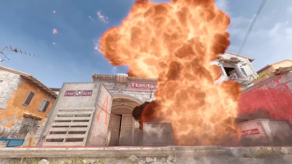 Explosion auf der CS2-Map Italy: Feuer, Rauch und Trümmer