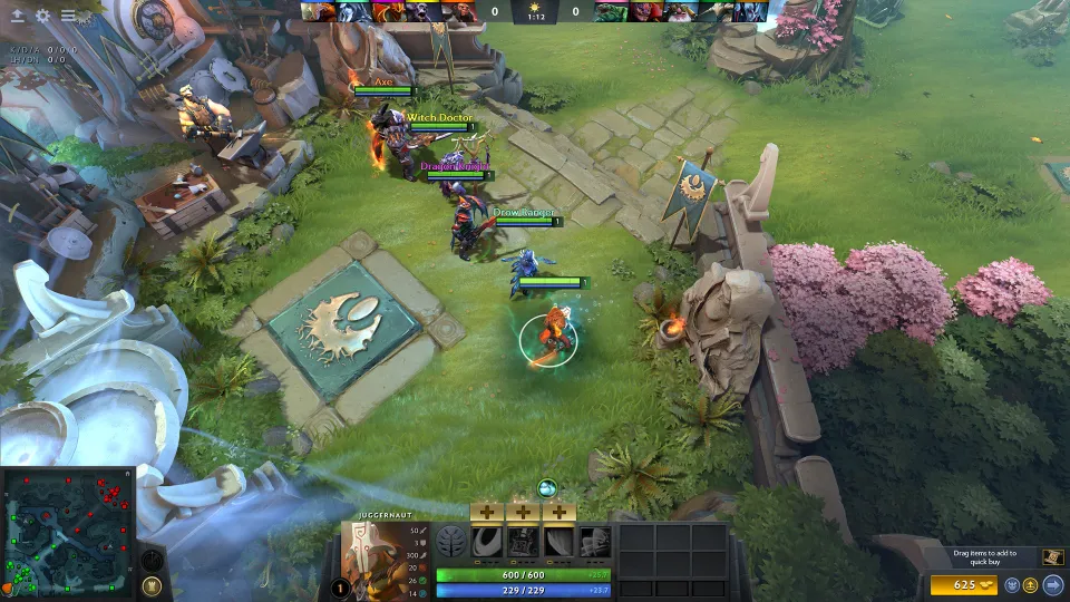 Dota 2 래디언트 기지 앞의 가면무사와 아군