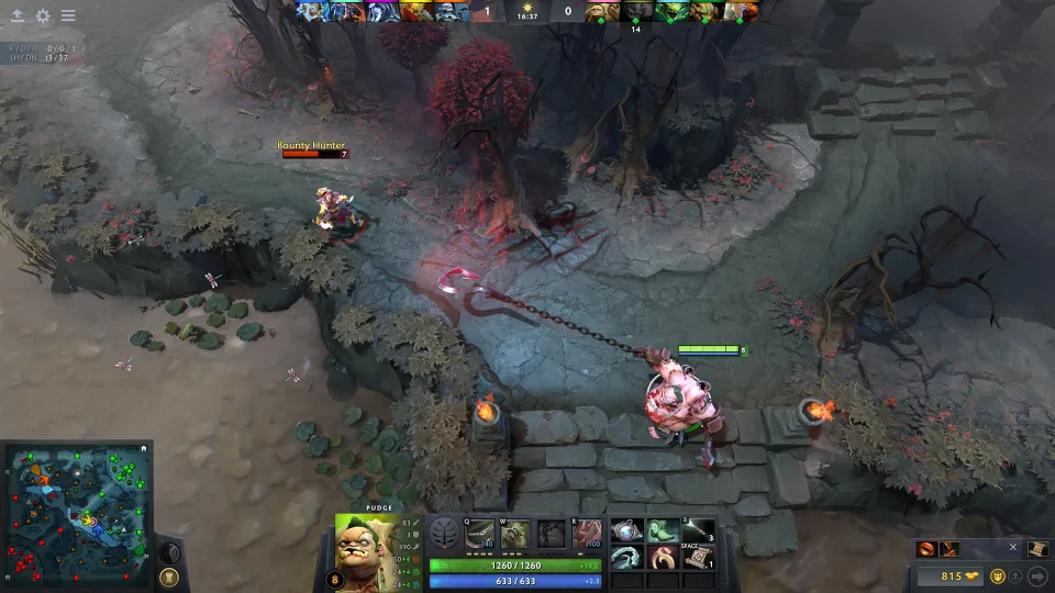Pudge com o gancho e o minimapa — cena de Dota 2