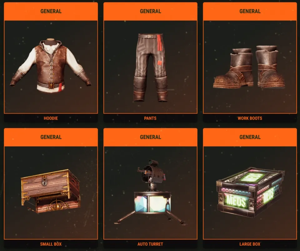 Drops gerais da rodada 53: moletom com capuz, calça, botas de trabalho, caixa pequena, torreta automática e caixa grande