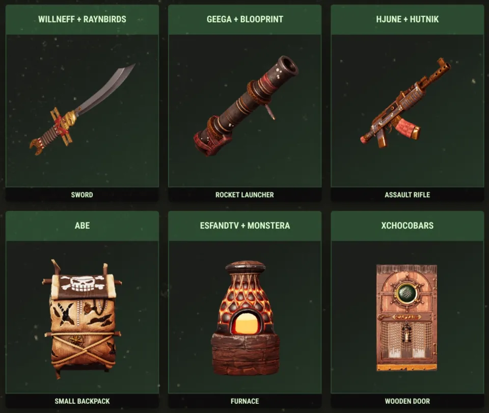 Drops dos streamers da rodada 53: espada, lança-foguetes, rifle de assalto, mochila pequena, fornalha e porta de madeira