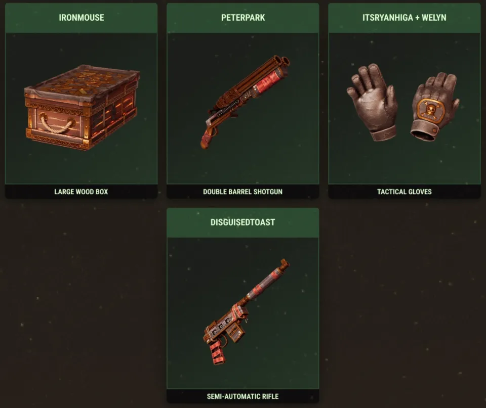 Drops dos streamers da rodada 53: caixa grande de madeira, escopeta de cano duplo, luvas táticas e rifle semiautomático