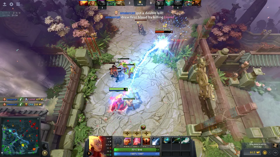 Lina acertando Lâmina Laguna no Wraith King sobre a ponte em cena do Dota 2
